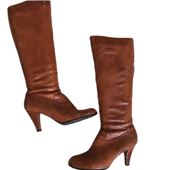 Bolo by BORN Tall Leather Brown High Heel Boots With Side Zipper.  Size 9. - Picture 1 of 15